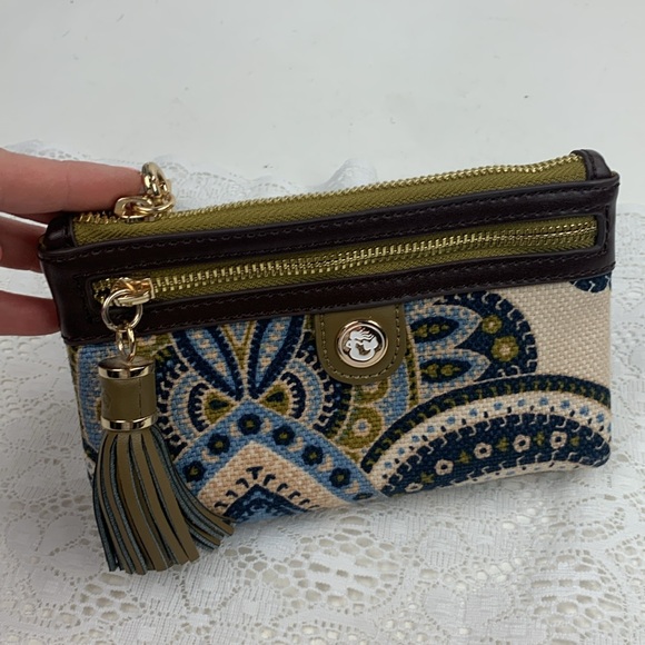 Spartina Linen & leather Wristlet Pouch bag Paisley Blue Tan Boho Gold Zipper - Picture 11 of 13